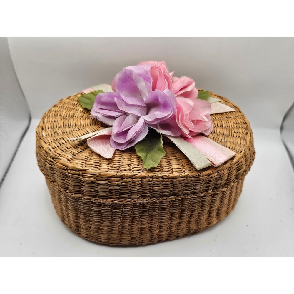 Vintage Wicker Oval Trinket Box with Pink and Purple Fabric Flowers Lid